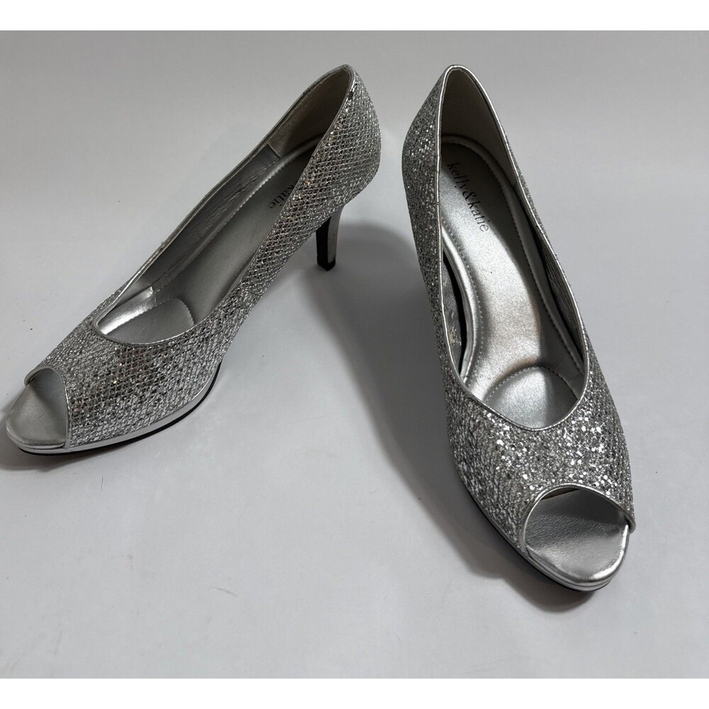 Kelly & Katie Silver Bling Shoes Womens 10 M 3” Heels Open Toe Pumps